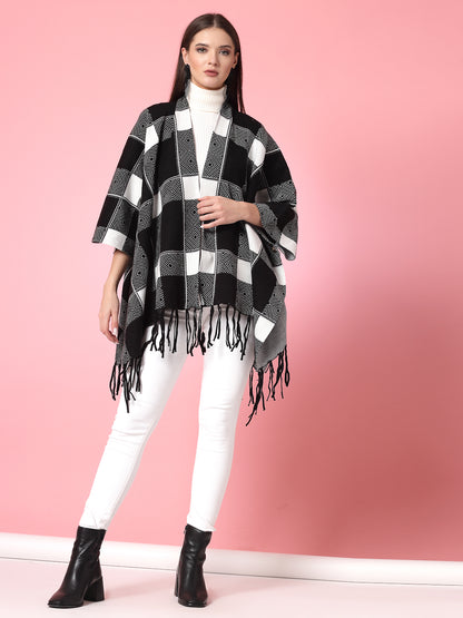 Mafadeny Women Winter Wear Black & White Stylish & Cosy Ponchoo