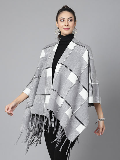 Mafadeny Women Winter Wear Grey & White Stylish & Cosy Ponchoo