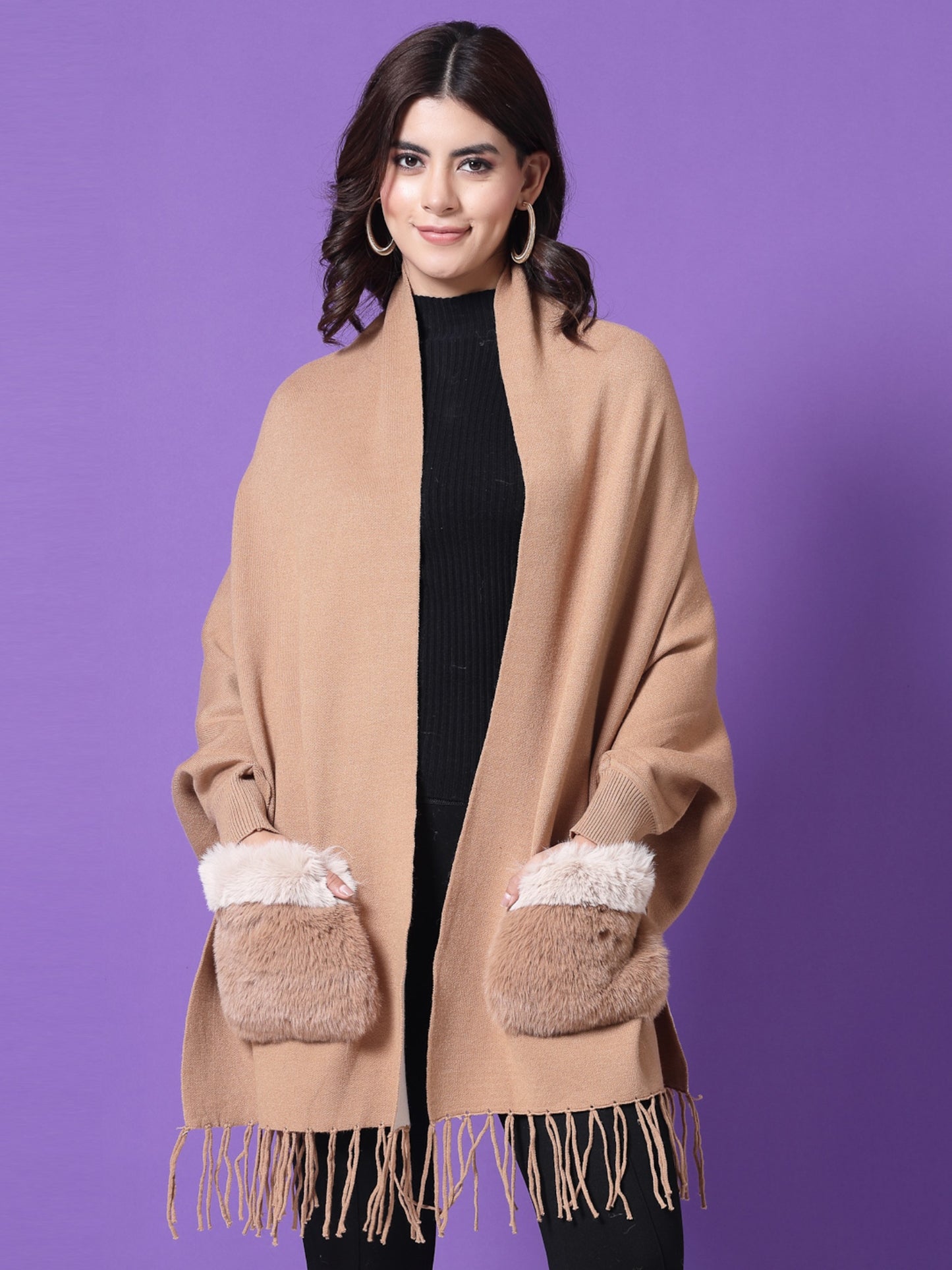 Mafadeny Winterwear Women Khaki Fur Detail Fringed Longline Poncho