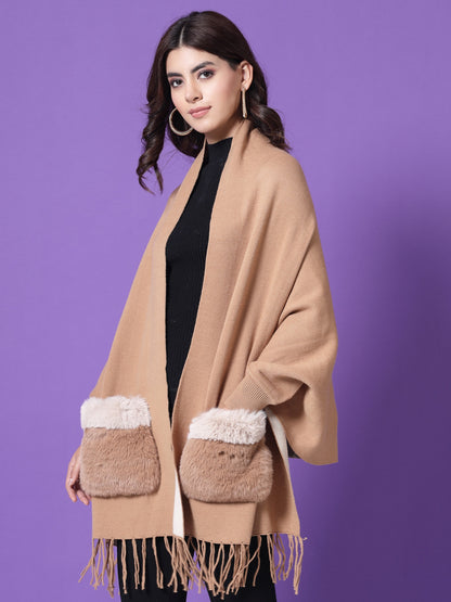 Mafadeny Winterwear Women Khaki Fur Detail Fringed Longline Poncho