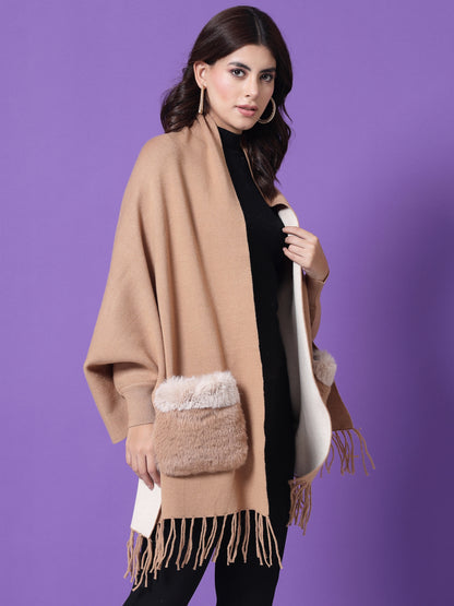 Mafadeny Winterwear Women Khaki Fur Detail Fringed Longline Poncho