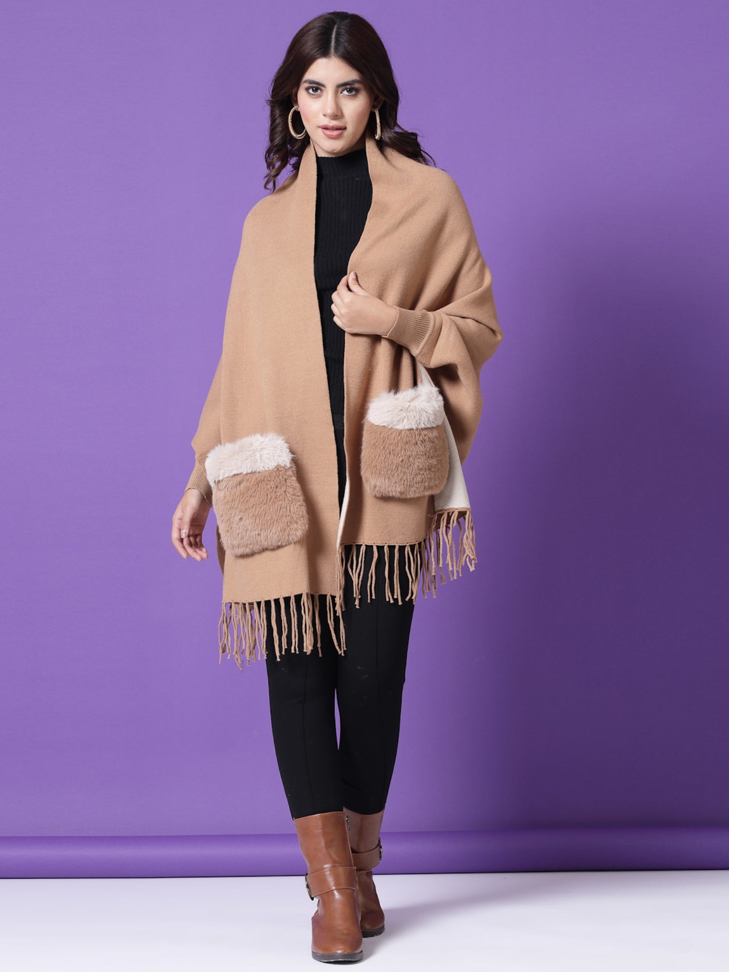 Mafadeny Winterwear Women Khaki Fur Detail Fringed Longline Poncho