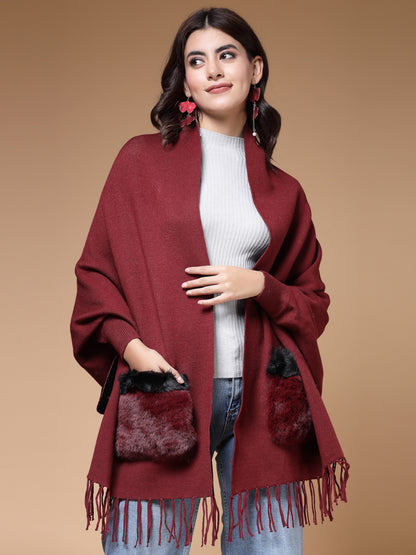 Mafadeny Winterwear Women Maroon Fur Detail Fringed Longline Poncho