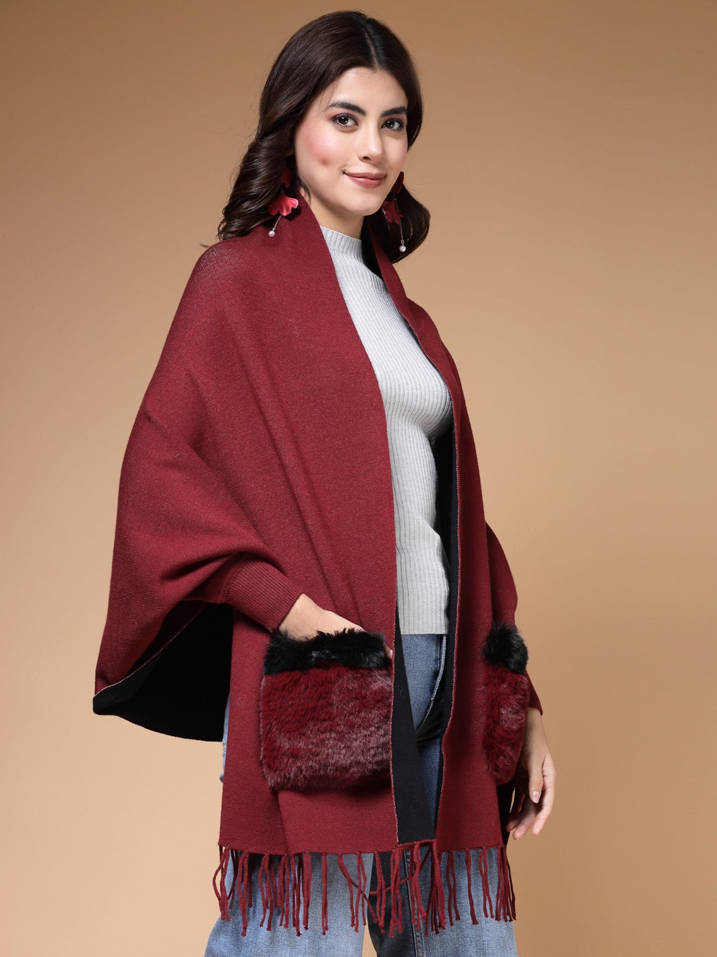 Mafadeny Winterwear Women Maroon Fur Detail Fringed Longline Poncho