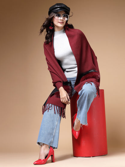 Mafadeny Winterwear Women Maroon Fur Detail Fringed Longline Poncho