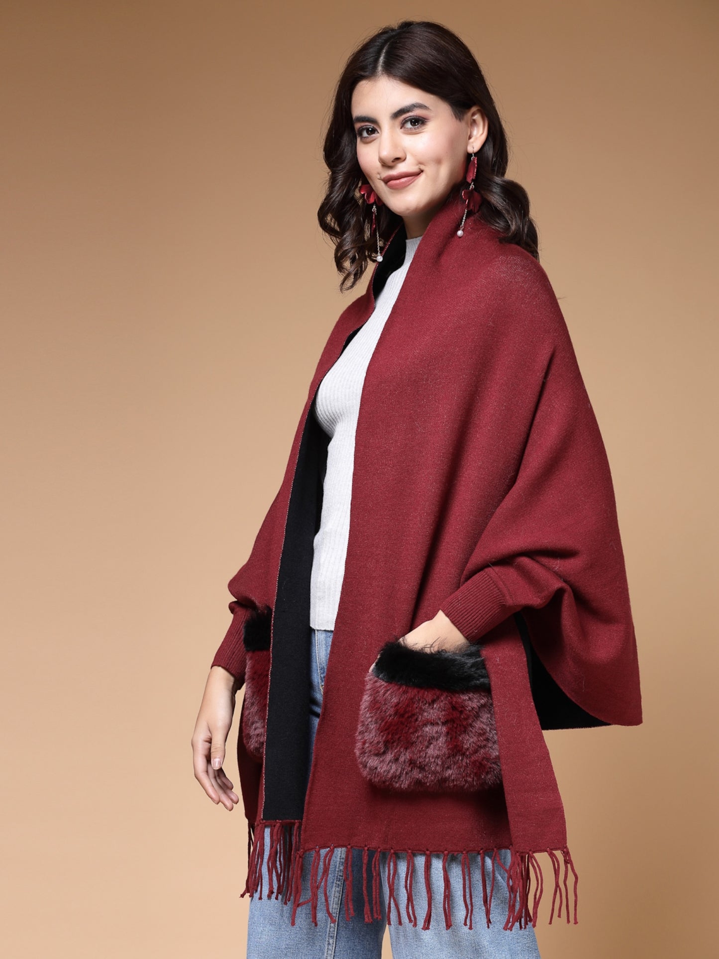 Mafadeny Winterwear Women Maroon Fur Detail Fringed Longline Poncho