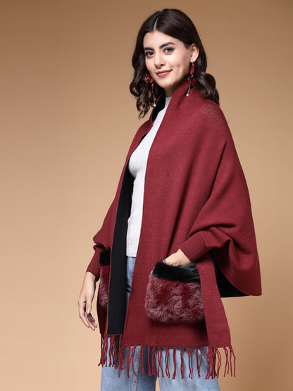 Mafadeny Winterwear Women Maroon Fur Detail Fringed Longline Poncho