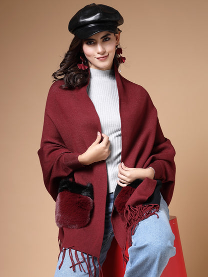 Mafadeny Winterwear Women Maroon Fur Detail Fringed Longline Poncho