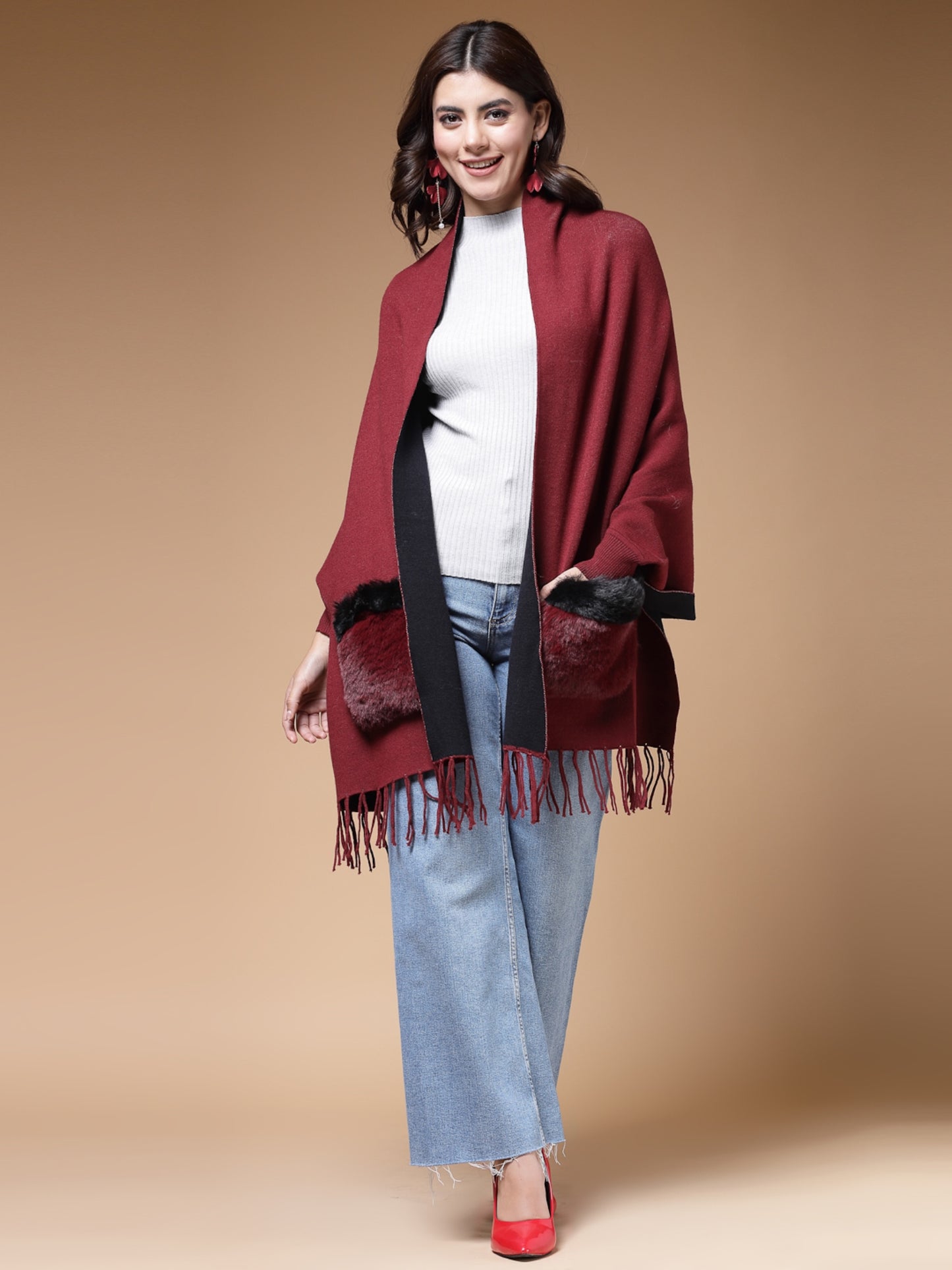 Mafadeny Winterwear Women Maroon Fur Detail Fringed Longline Poncho