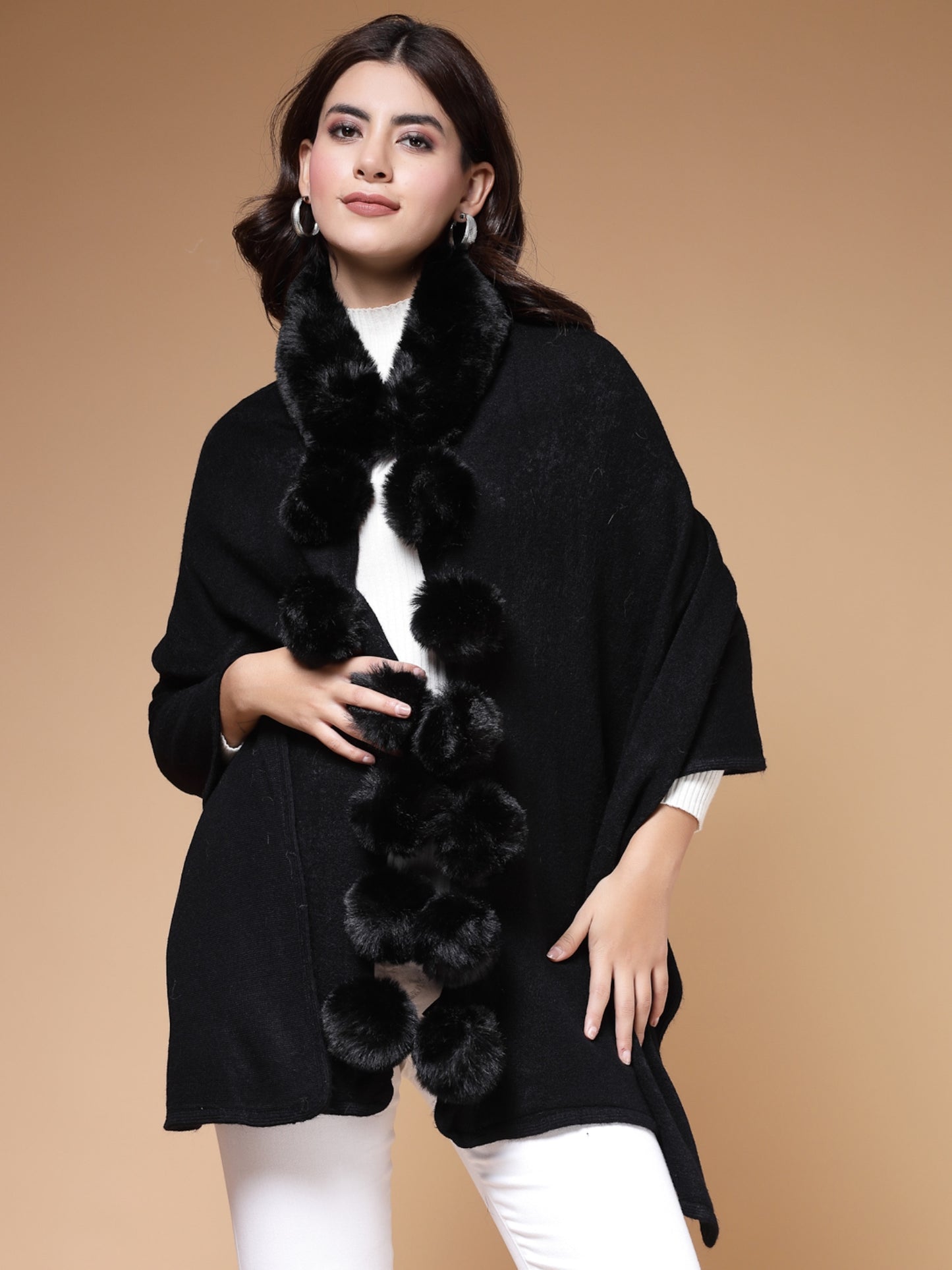 Mafadeny Winterwear Women Black Stylished & Cosy V-Neck Longline Poncho