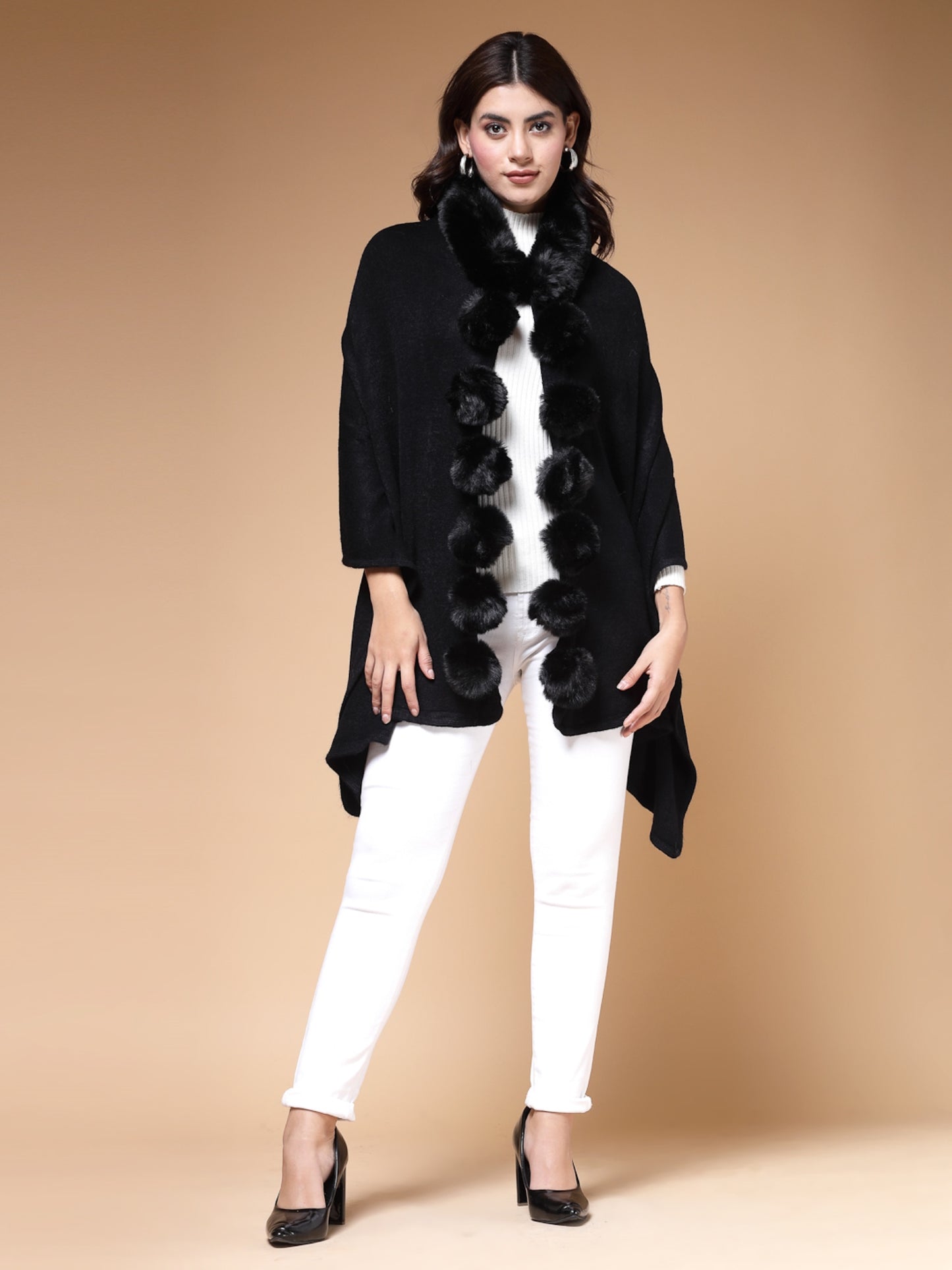 Mafadeny Winterwear Women Black Stylished & Cosy V-Neck Longline Poncho