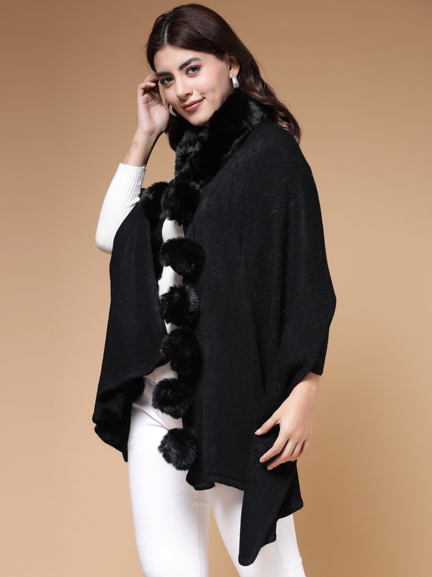 Mafadeny Winterwear Women Black Stylished & Cosy V-Neck Longline Poncho