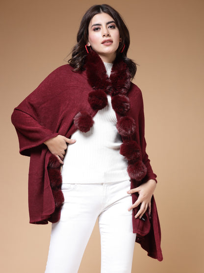 Mafadeny Winterwear Women Maroon Stylished & Cosy V-Neck Longline Poncho