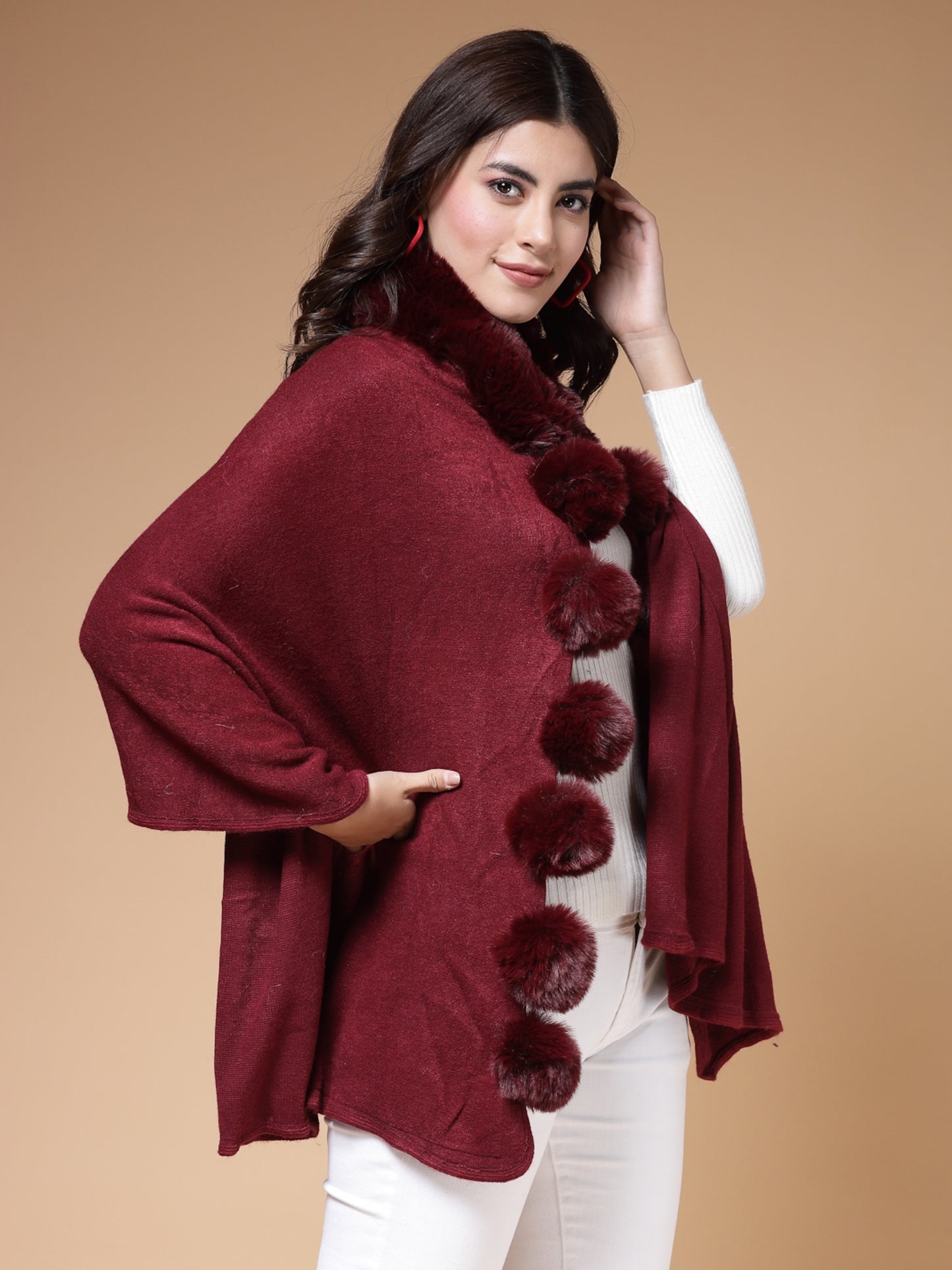 Mafadeny Winterwear Women Maroon Stylished & Cosy V-Neck Longline Poncho