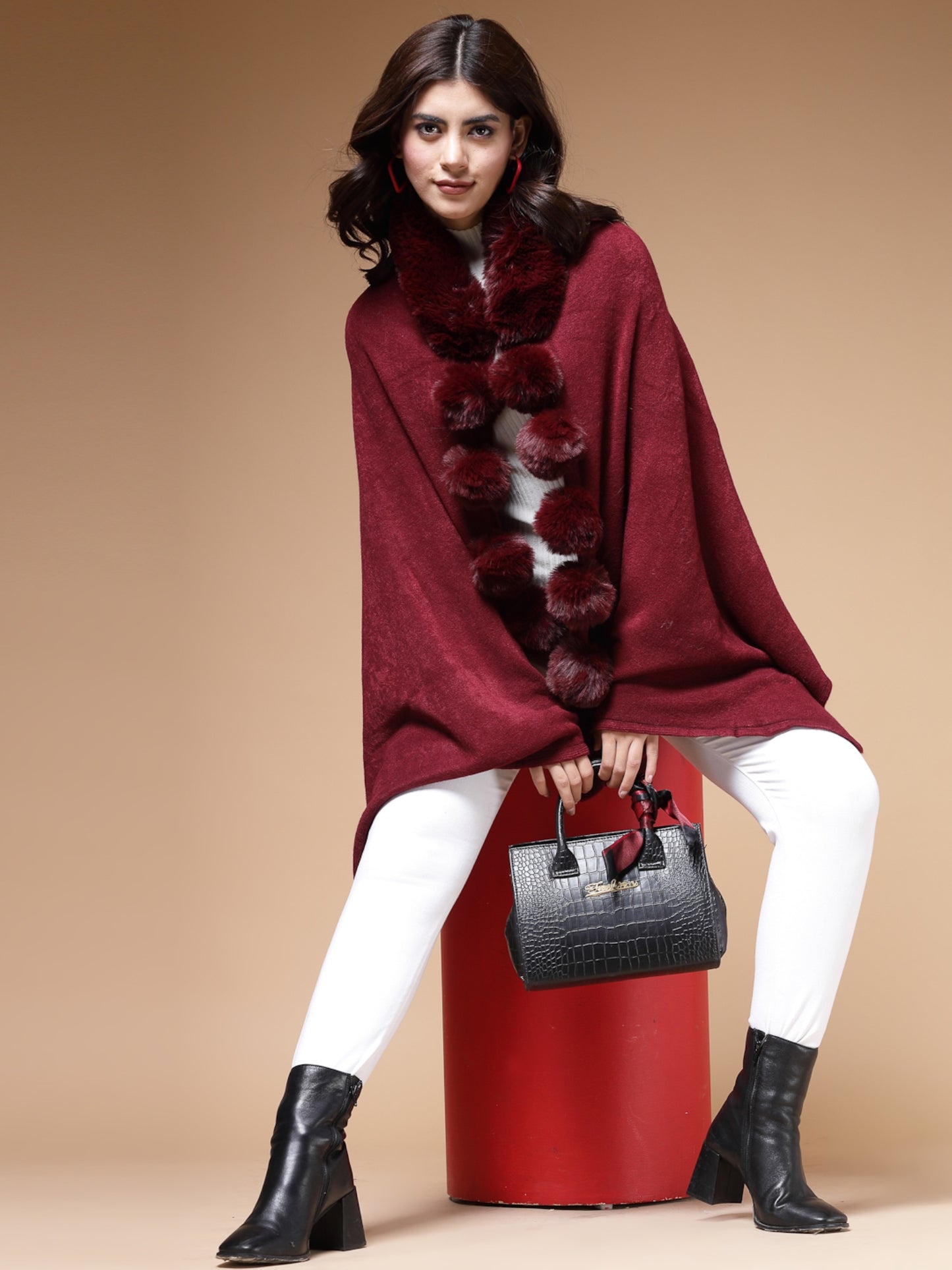 Mafadeny Winterwear Women Maroon Stylished & Cosy V-Neck Longline Poncho