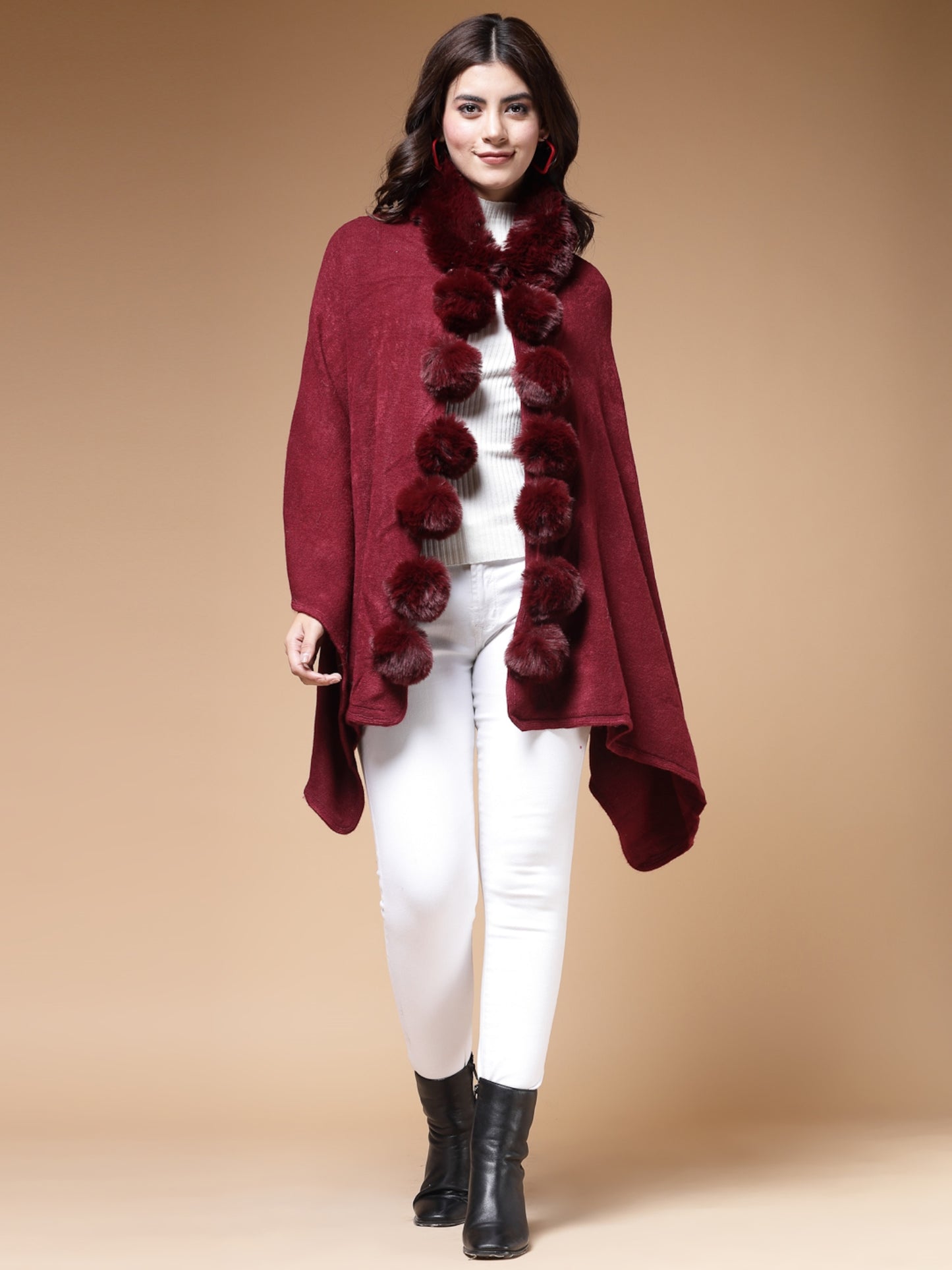 Mafadeny Winterwear Women Maroon Stylished & Cosy V-Neck Longline Poncho