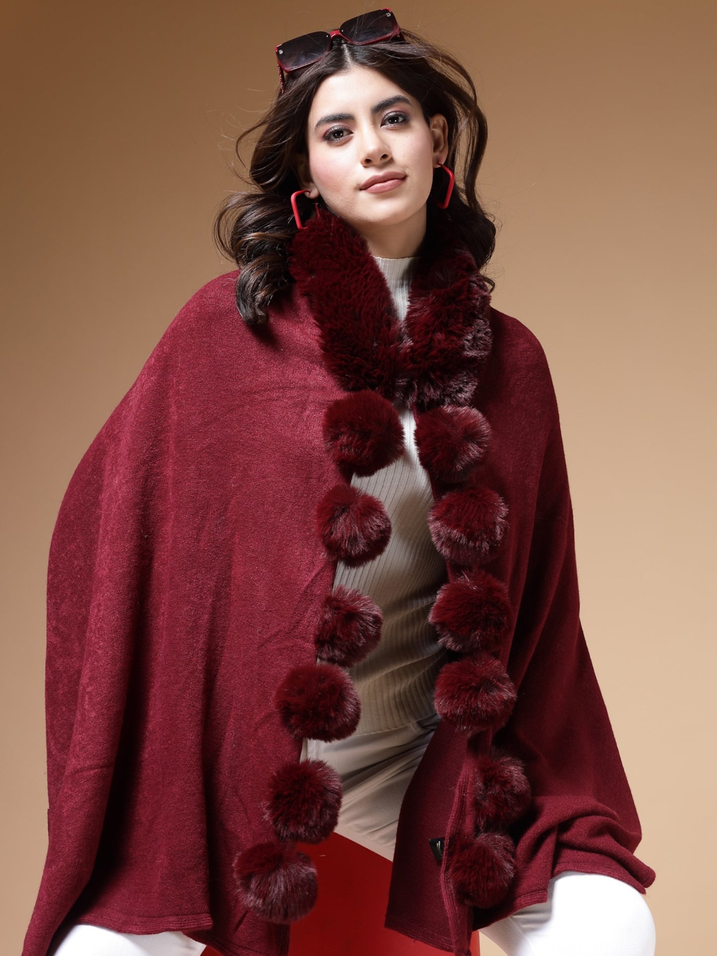 Mafadeny Winterwear Women Maroon Stylished & Cosy V-Neck Longline Poncho