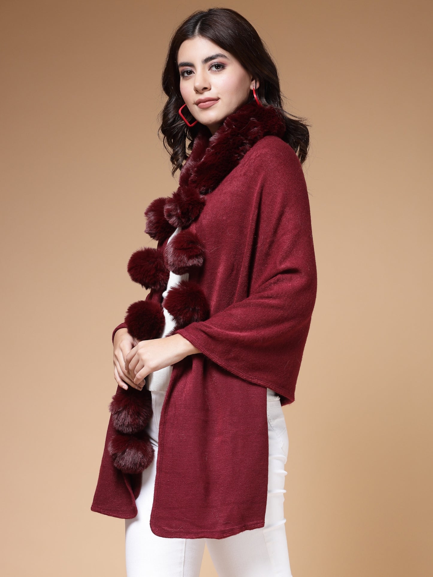 Mafadeny Winterwear Women Maroon Stylished & Cosy V-Neck Longline Poncho