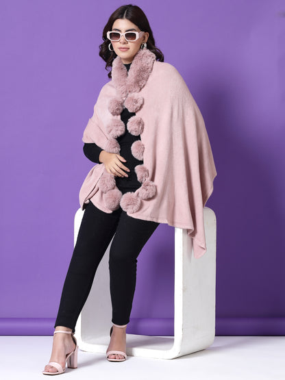 Mafadeny Winterwear Women Peach Stylished & Cosy V-Neck Longline Poncho