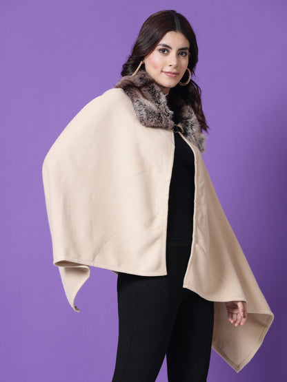 Mafadeny Winterwear Womens Stylished & Cosy Beige V-Neck Longline Poncho