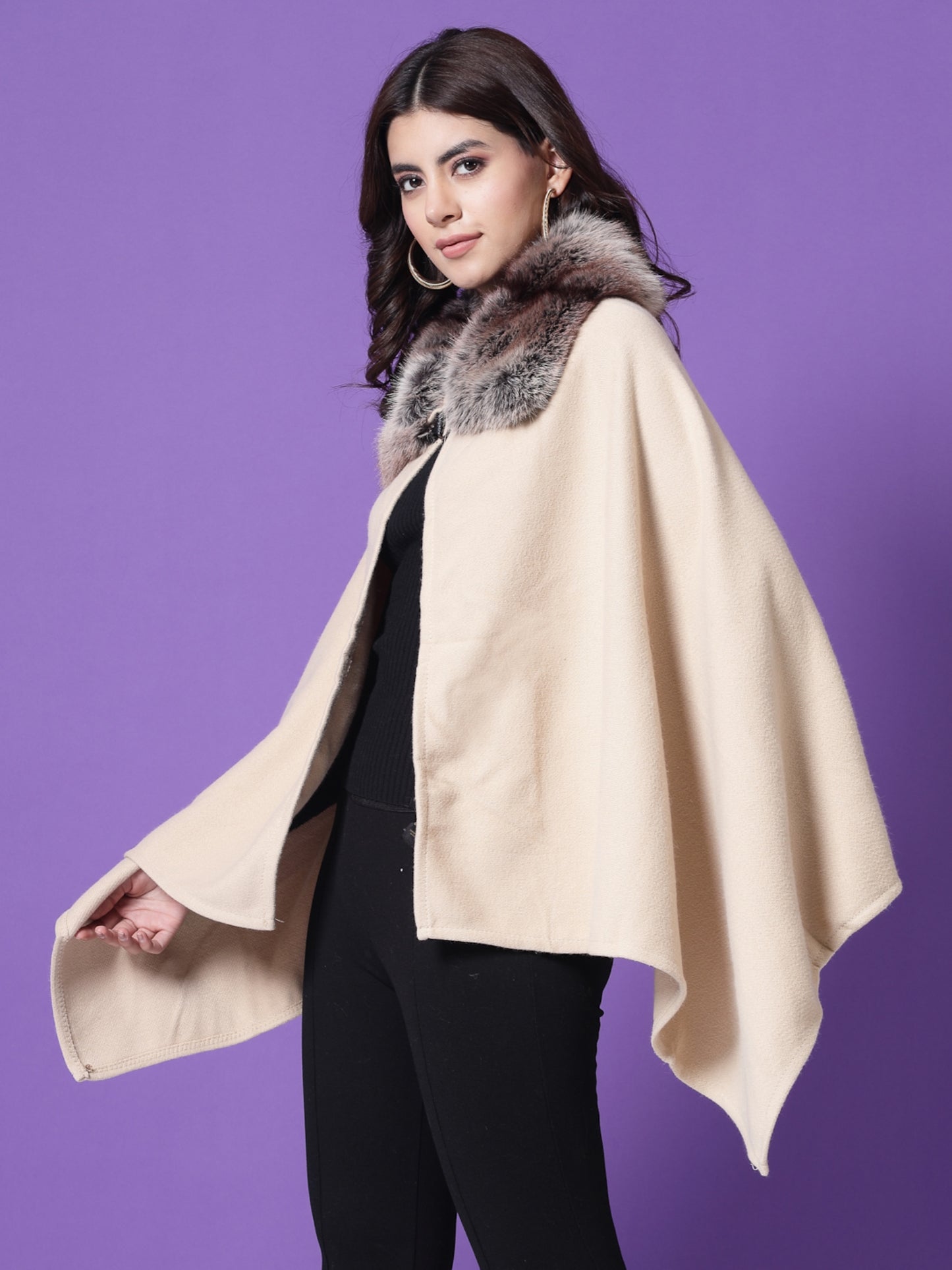 Mafadeny Winterwear Womens Stylished & Cosy Beige V-Neck Longline Poncho