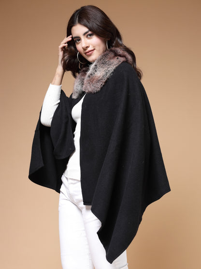 Mafadeny Winterwear Womens Stylished & Cosy Black V-Neck Longline Poncho