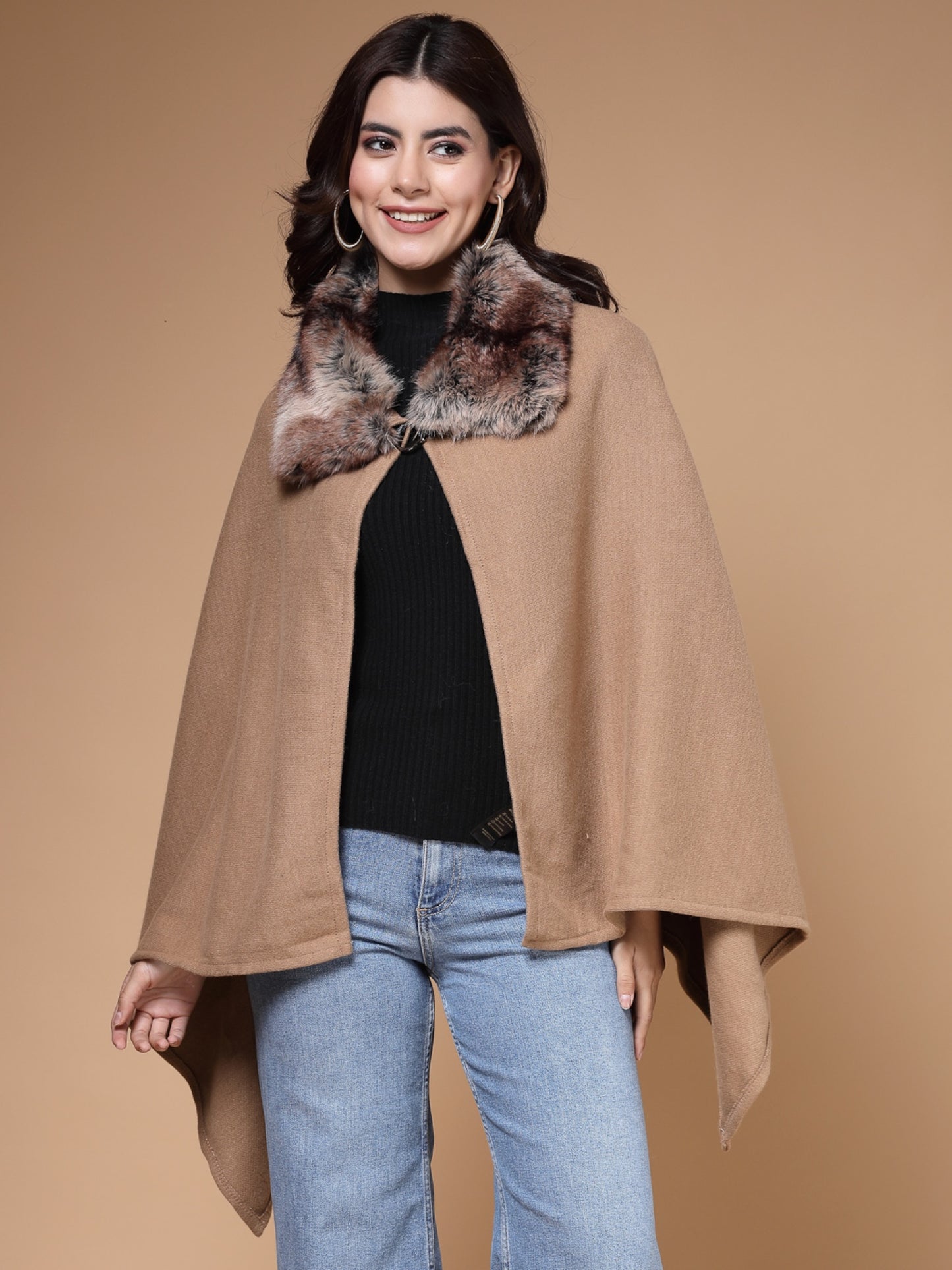 Mafadeny Winterwear Womens Stylished & Cosy Khaki V-Neck Longline Poncho