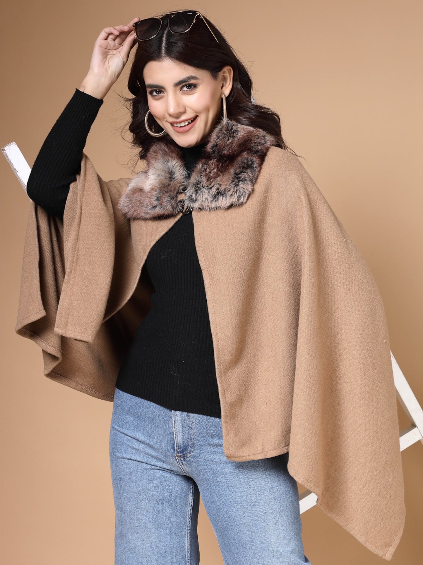 Mafadeny Winterwear Womens Stylished & Cosy Khaki V-Neck Longline Poncho