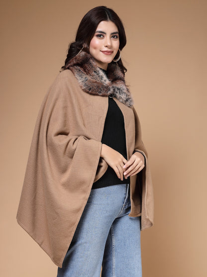 Mafadeny Winterwear Womens Stylished & Cosy Khaki V-Neck Longline Poncho