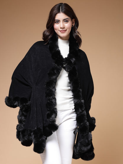 Mafadeny Winterwear Womens  Black Fuzzy Longline Poncho