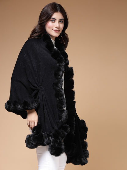 Mafadeny Winterwear Womens  Black Fuzzy Longline Poncho