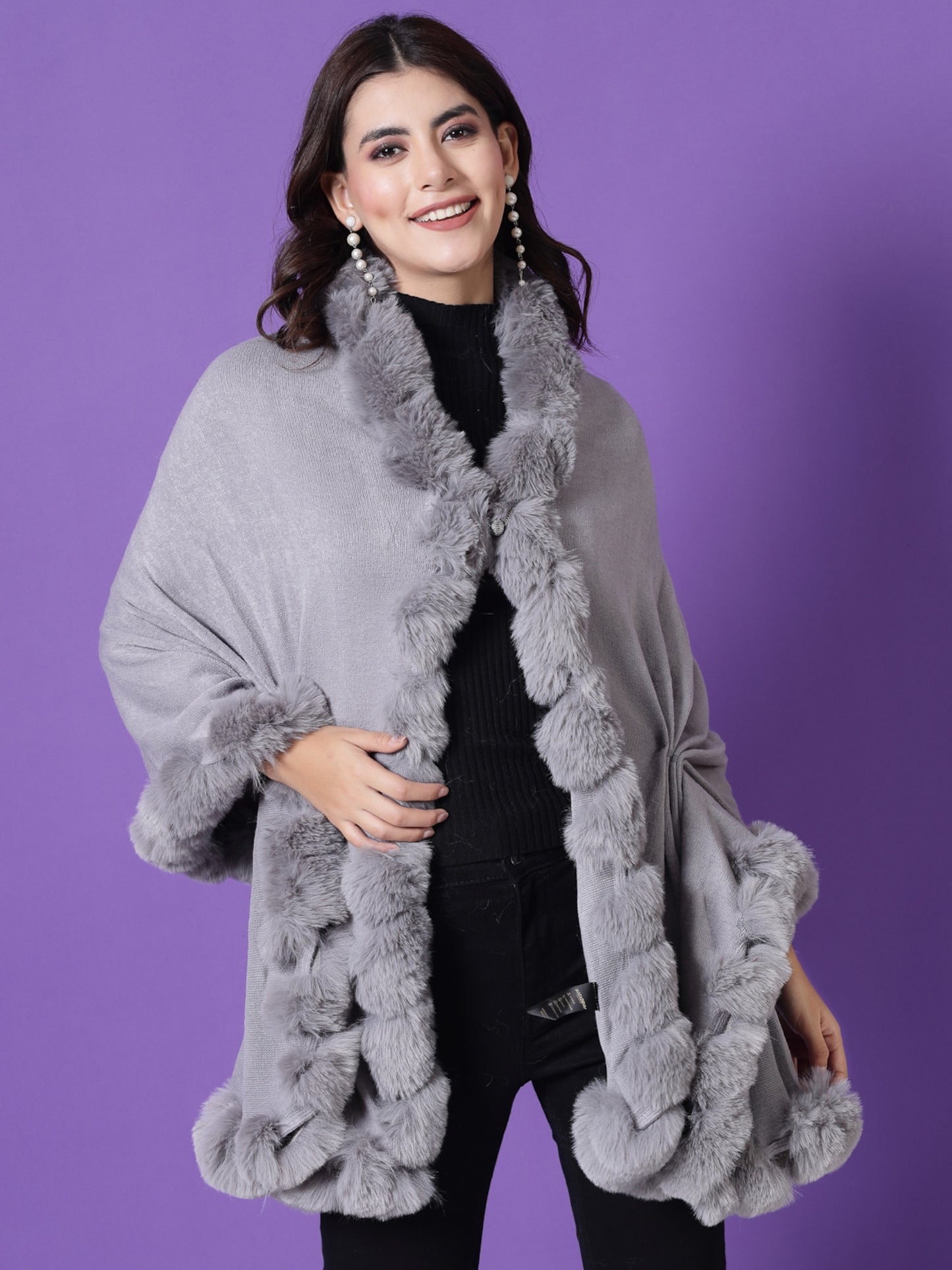 Mafadeny Winterwear Womens  Grey Fuzzy Longline Poncho