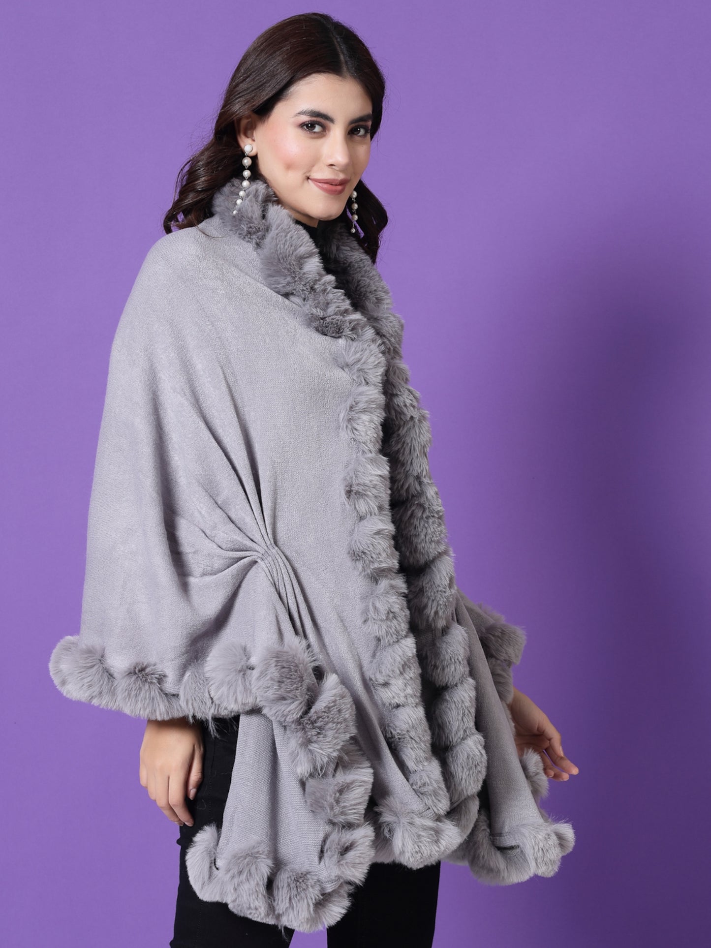 Mafadeny Winterwear Womens  Grey Fuzzy Longline Poncho