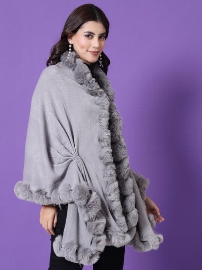 Mafadeny Winterwear Womens  Grey Fuzzy Longline Poncho