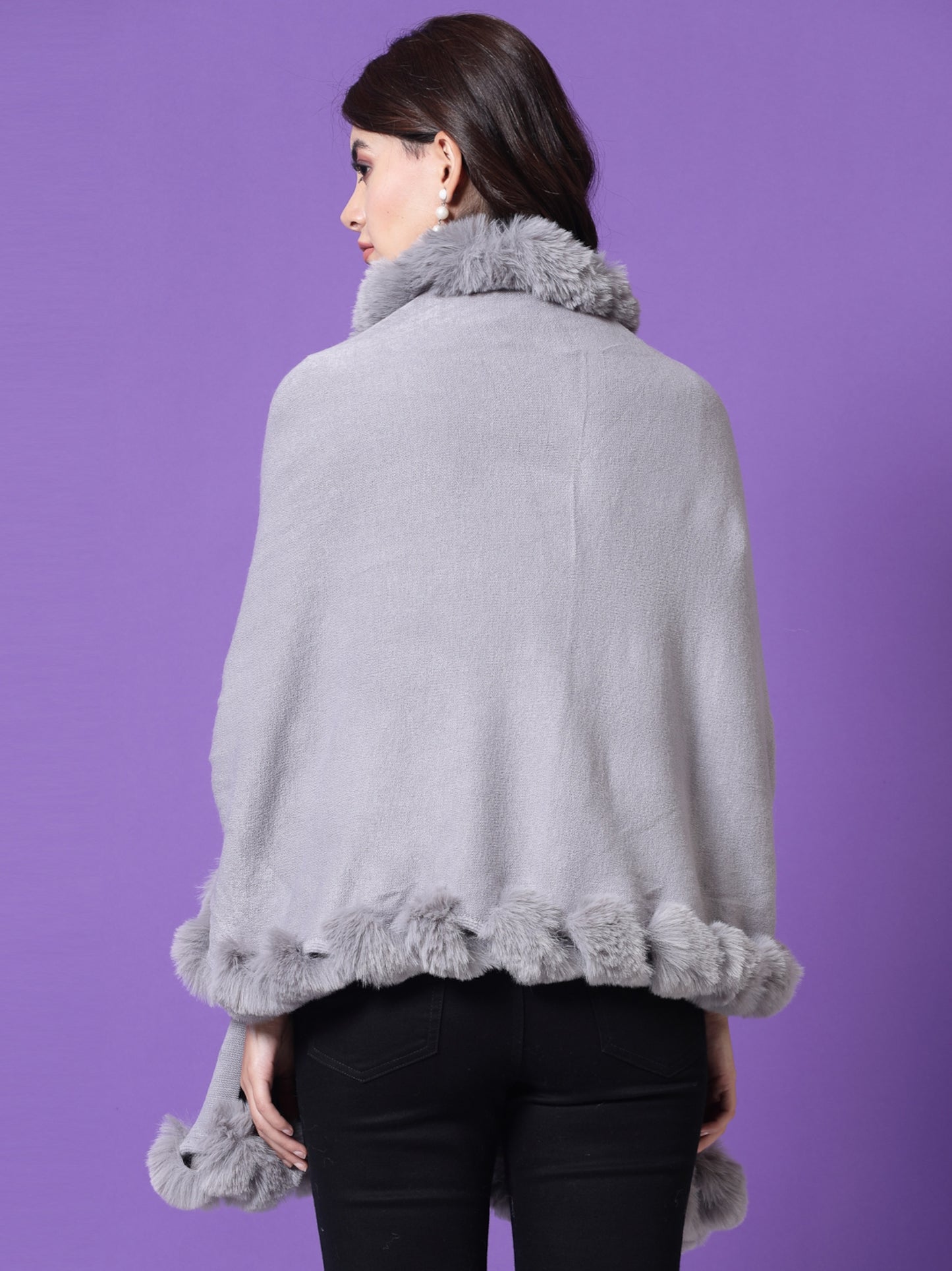 Mafadeny Winterwear Womens  Grey Fuzzy Longline Poncho