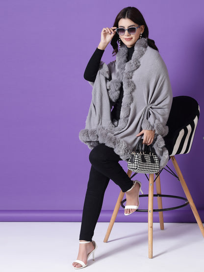 Mafadeny Winterwear Womens  Grey Fuzzy Longline Poncho