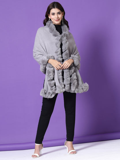 Mafadeny Winterwear Womens  Grey Fuzzy Longline Poncho