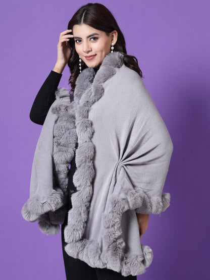 Mafadeny Winterwear Womens  Grey Fuzzy Longline Poncho