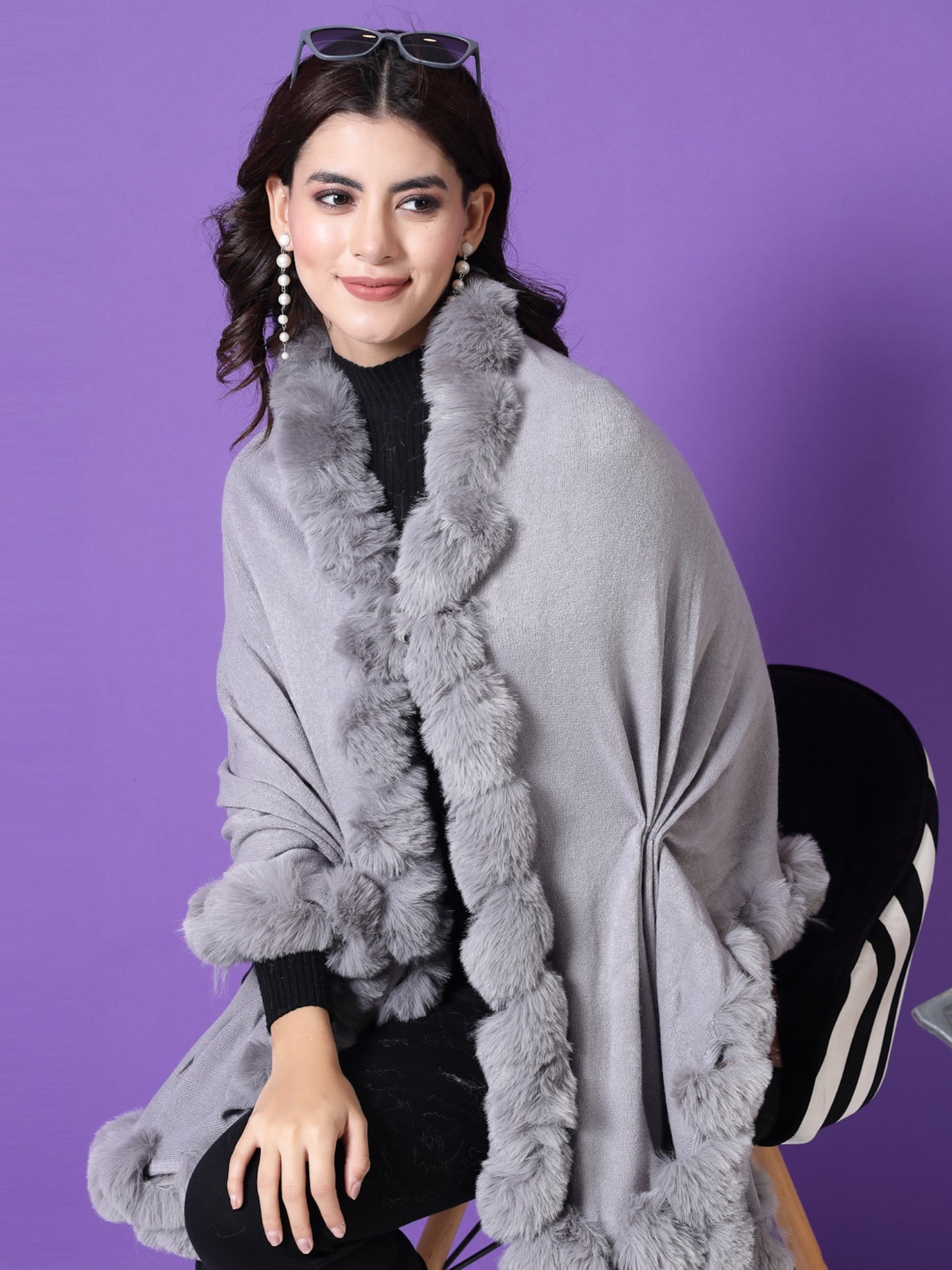 Mafadeny Winterwear Womens  Grey Fuzzy Longline Poncho