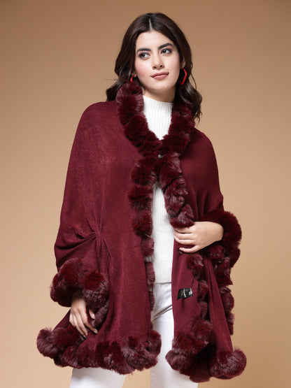 Mafadeny Winterwear Womens  Maroon Fuzzy Longline Poncho