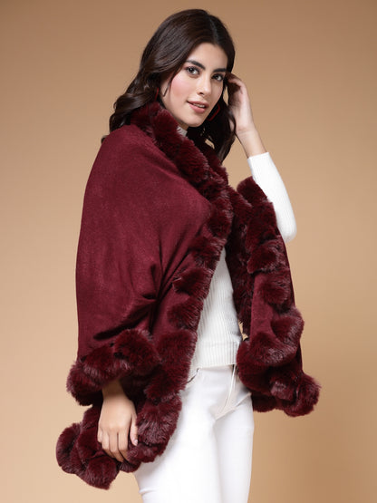 Mafadeny Winterwear Womens  Maroon Fuzzy Longline Poncho