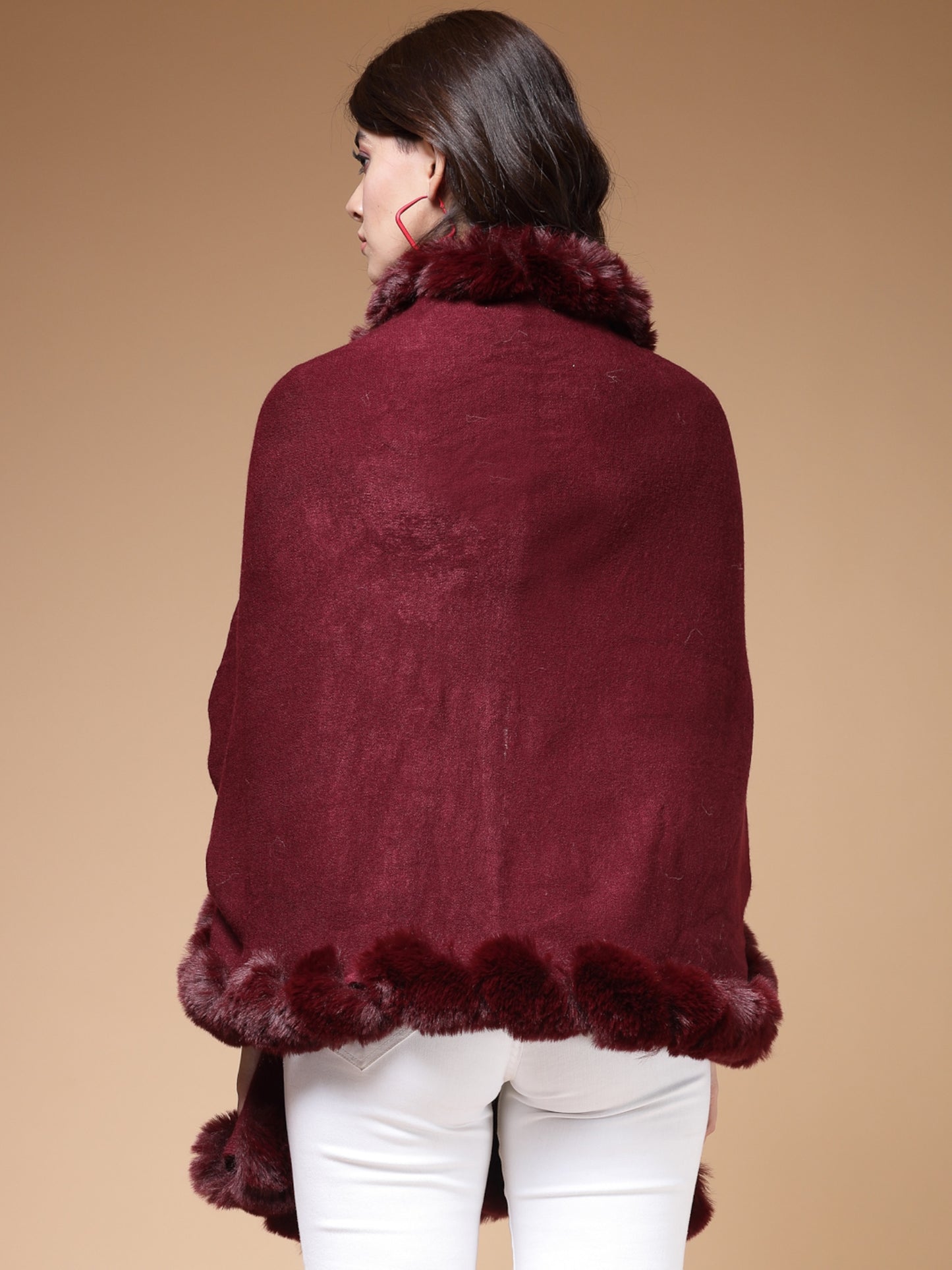 Mafadeny Winterwear Womens  Maroon Fuzzy Longline Poncho