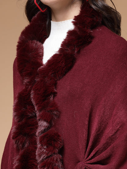 Mafadeny Winterwear Womens  Maroon Fuzzy Longline Poncho