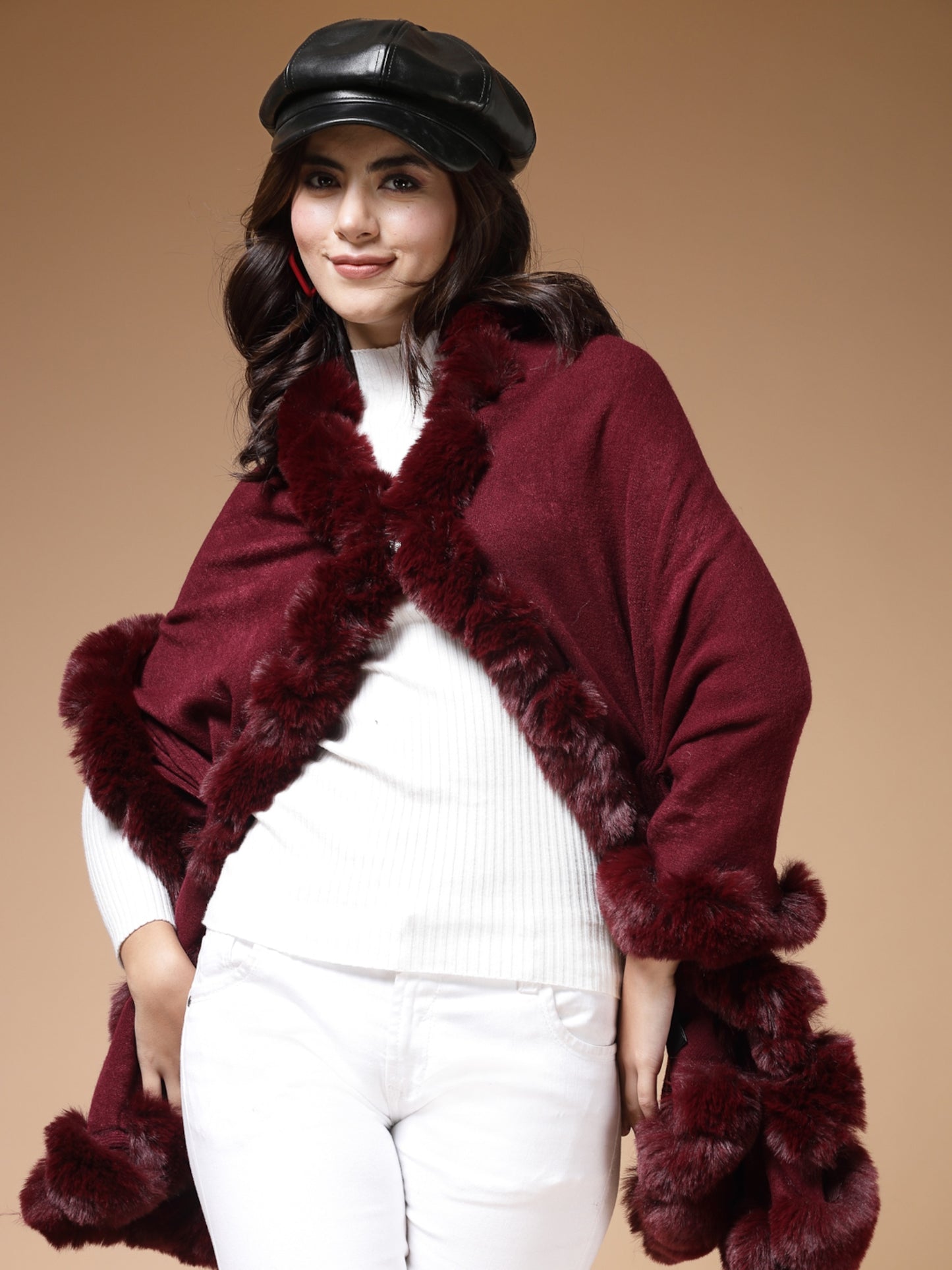 Mafadeny Winterwear Womens  Maroon Fuzzy Longline Poncho