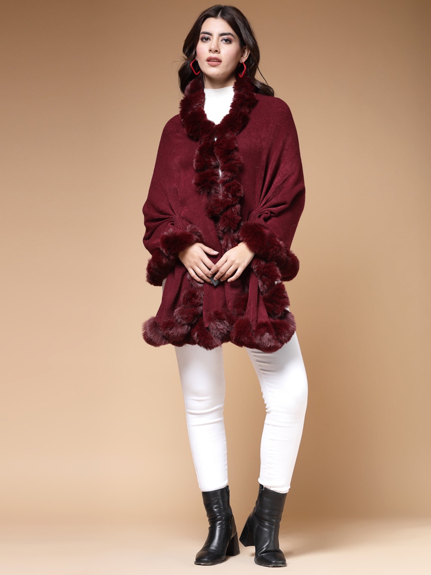 Mafadeny Winterwear Womens  Maroon Fuzzy Longline Poncho