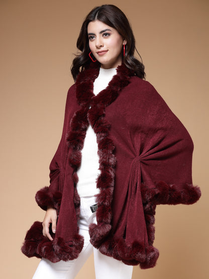 Mafadeny Winterwear Womens  Maroon Fuzzy Longline Poncho