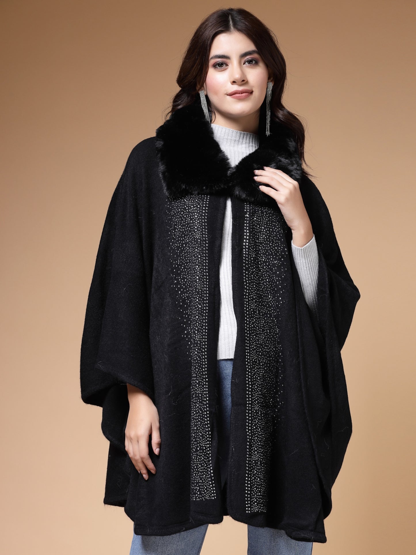 Mafadeny Winterwear Women Black Shirt Collar Embellished Longline Poncho