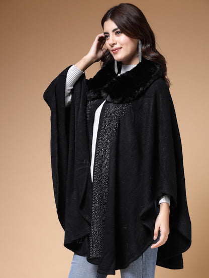 Mafadeny Winterwear Women Black Shirt Collar Embellished Longline Poncho