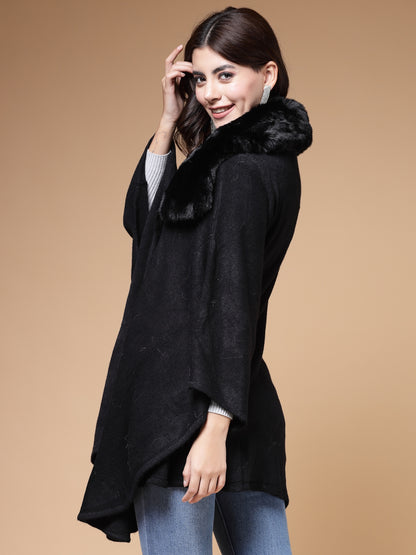 Mafadeny Winterwear Women Black Shirt Collar Embellished Longline Poncho