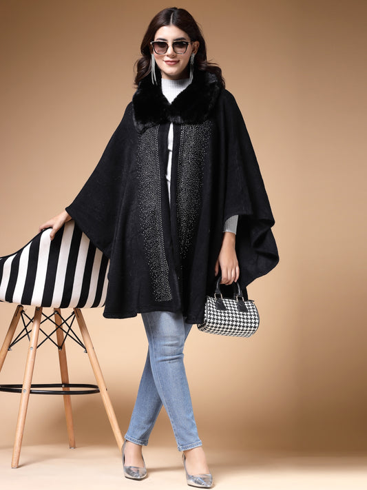 Mafadeny Winterwear Women Black Shirt Collar Embellished Longline Poncho